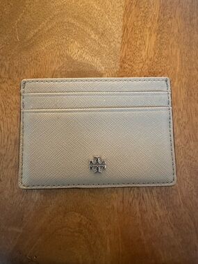 Tory Burch Light Gray Saffiano Leather Card Holder Slim Wallet Minimalist